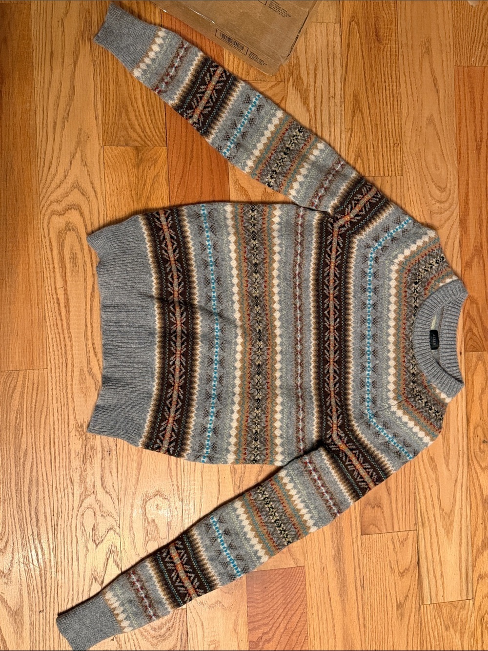 J. Crew wool Grey Fair Isle Crewneck Sweater with Multicolor Stripes